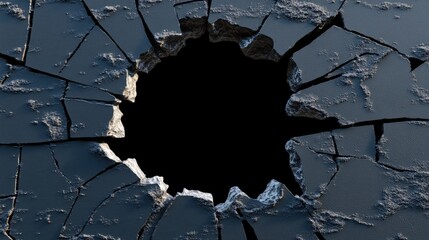 Dark gray surface shattered with a central hole.