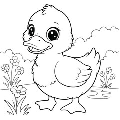 Cute Cartoon Duck Outline coloring page for kids.