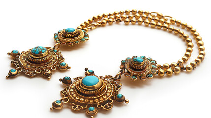 A pair of anklets crafted from gold and inlaid with turquoise, symbolizing protection and status, displayed on a clean white background.