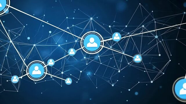 Network of connected user icons on blue background representing social media or online community