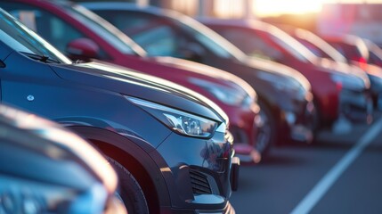 New cars for sale at a car showroom parking lot, lined up with other vehicles under beautiful sunset light, ready for purchase.