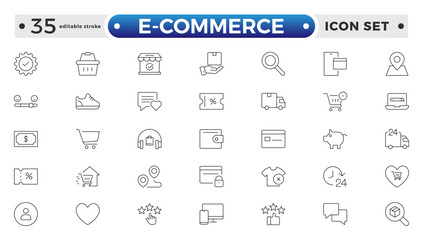 Shopping outline icon Set. Vibrant and engaging icons for enhancing e-commerce platforms, perfect for product listings, and cart management. Editable stroke outline icon.