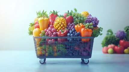 Colorful fruits and vegetables in grocery basket