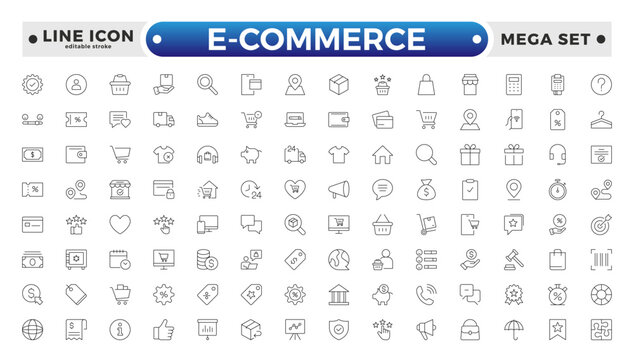 Shopping outline icon Set. Vibrant and engaging icons for enhancing e-commerce platforms, perfect for product listings, and cart management. Editable stroke outline icon.
