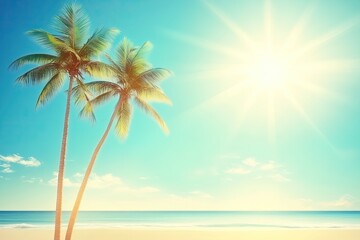 Fototapeta premium Tropical beach scene under a vibrant, sun-drenched sky, with two lush palm trees framing the horizon. Soft, light tones and gentle waves create a peaceful, idyllic atmosphere