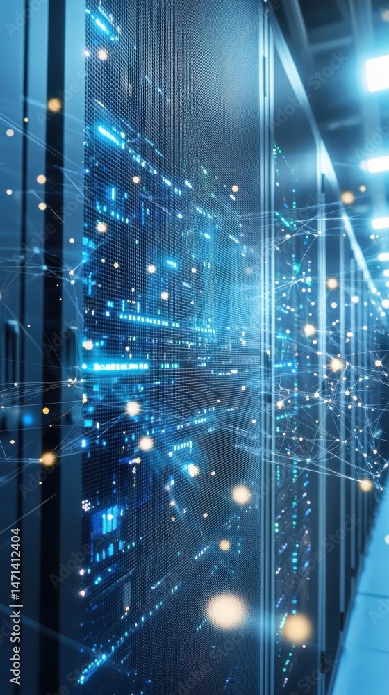 Poster data center servers in operation close up perspective high tech network connectivity and information