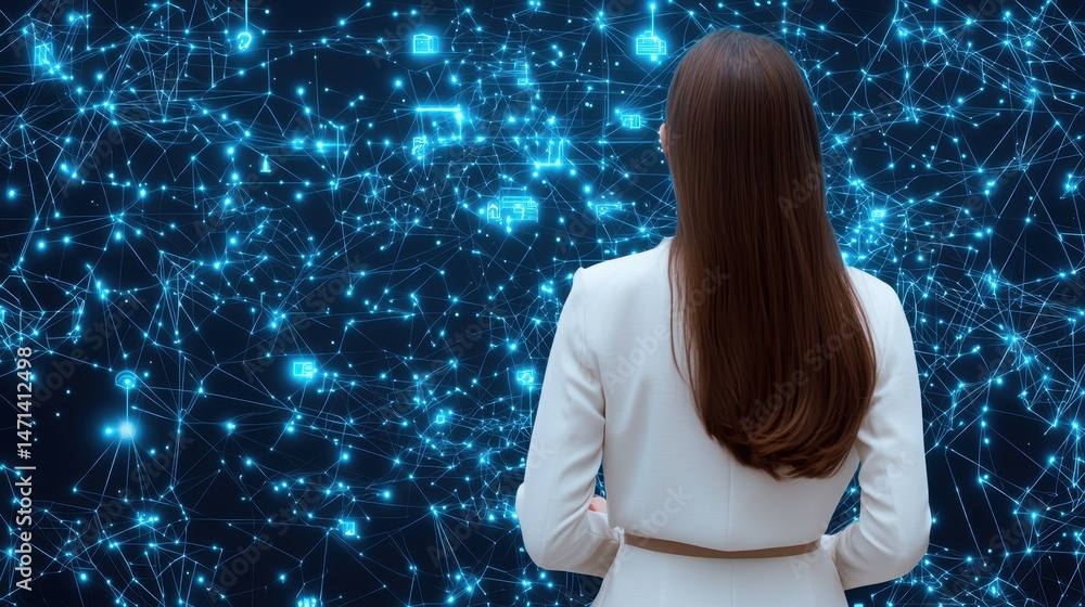 Poster a woman in a white suit stands facing a glowing digital network with interconnected nodes and lines.