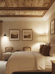 Elegant Bedroom Interior Design Neutral Tones Featuring Wooden Ceiling Art Landscape Paintings and Cozy Bedding
