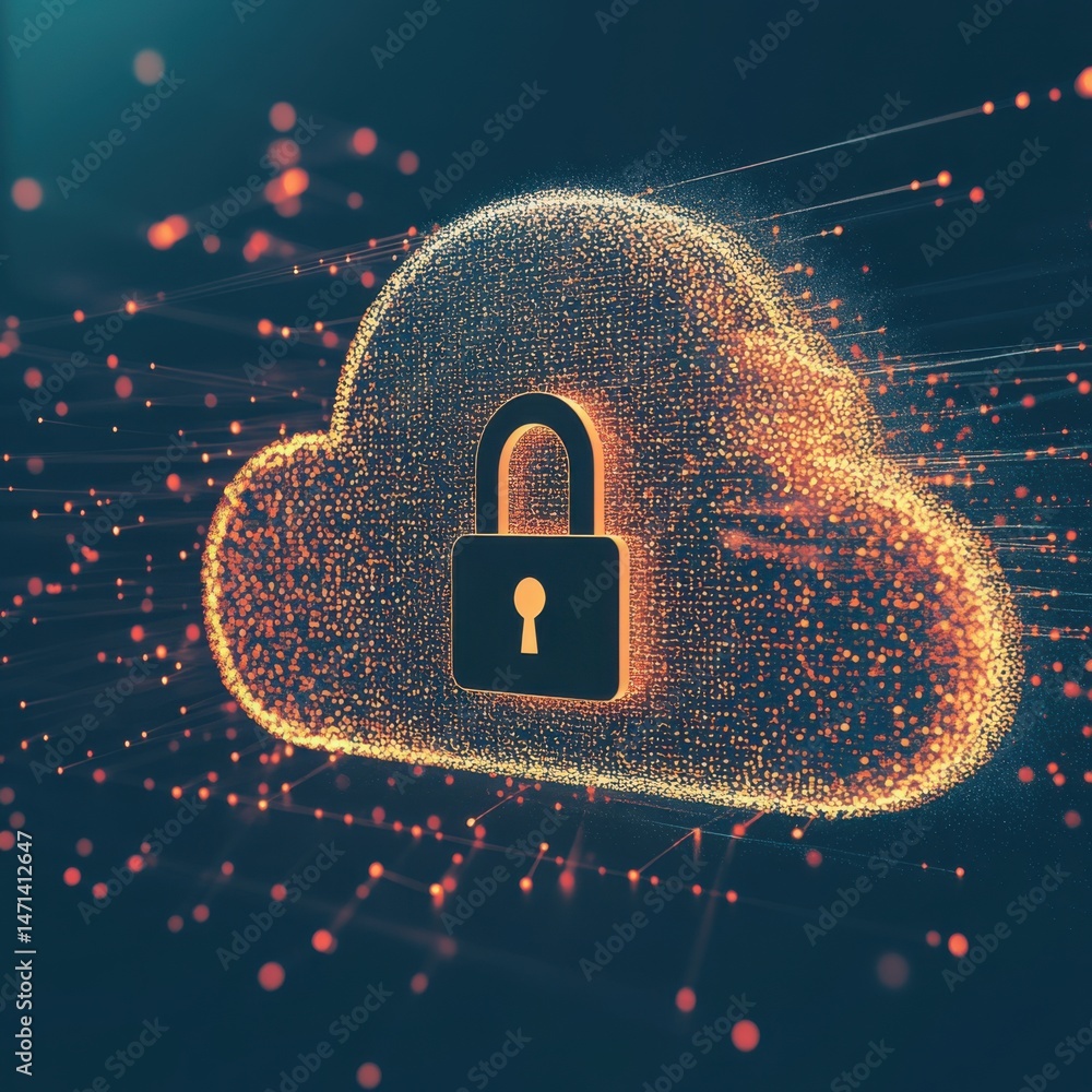 Aufkleber cloud security illustration of padlock on data cloud with digital connection lines and orange partic