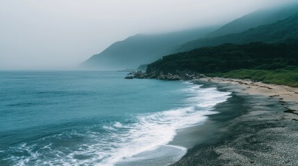Misty Coastal Serenity: A Tranquil Beachscape
