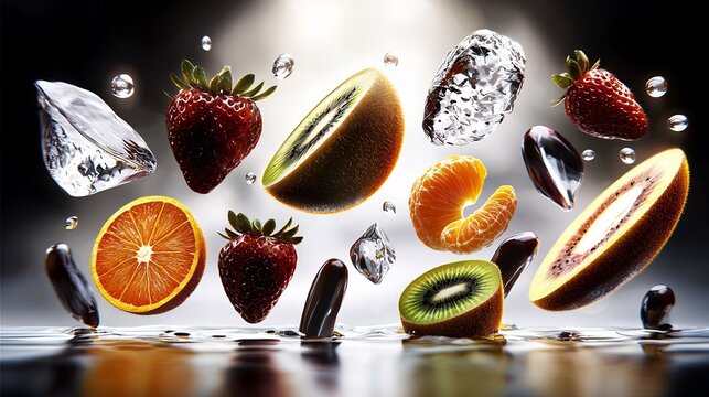 Vibrant fruit slices and ice cubes in mid-air, suspended above a reflective surface