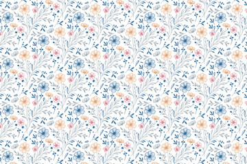 Obraz premium floral seamless texture sketch pattern, cotton flower one line fabric, trendy pillow cover design, fashion outline textile art print, wrapping paper modern repeat, stylish hand drawn nature