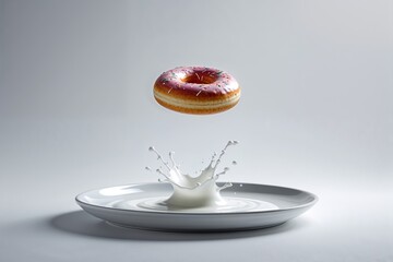 Flying Donut Splashing Milk on White Plate