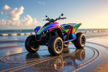 Rainbow-Colored ATV on Beach at Sunset