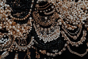 A plethora of necklaces, bracelets, and beaded jewelry in gold, black, and white, laid out on a dark fabric. Detailed assortment of various styles and materials