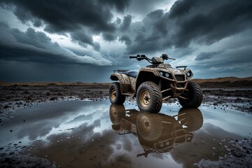 Muddy ATV Reflected in Puddle Under Stormy Sky