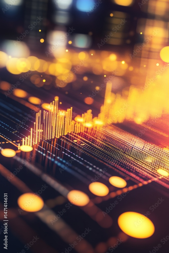 Aufkleber abstract data visualization of financial market trends with bokeh lights and digital grid lines clos