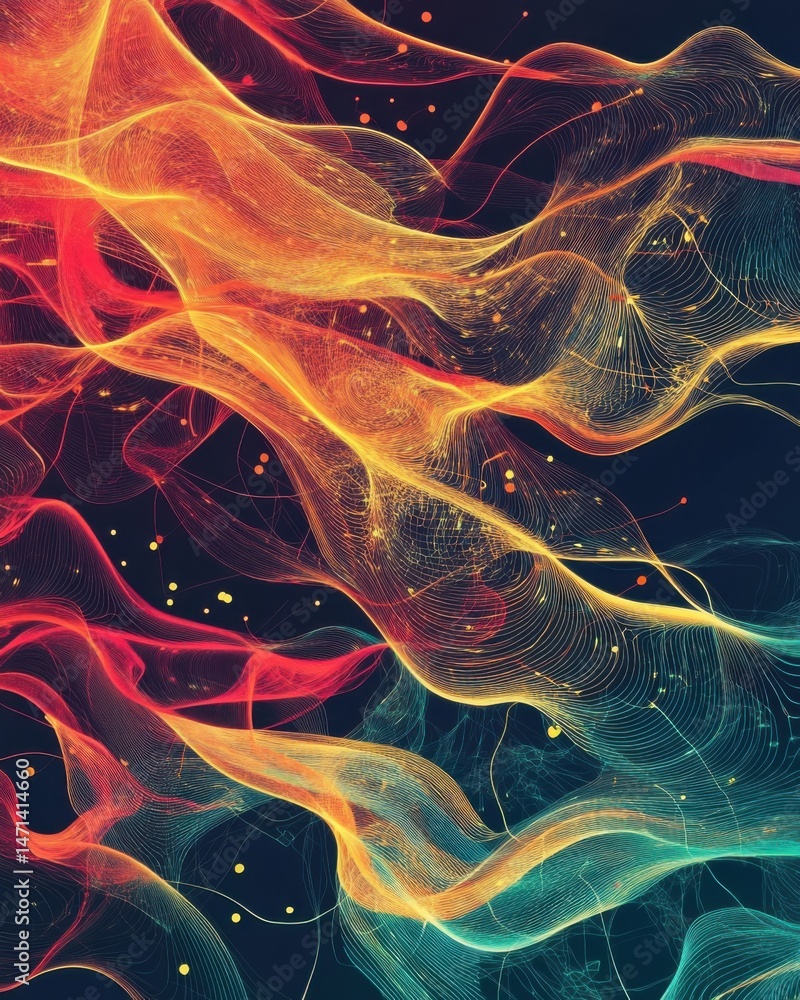 Poster abstract flowing lines in orange red and teal on dark background creating dynamic movement and energ