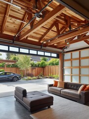 Modern garage conversion showcasing living space with sofa chaise and car parked outside from eye level