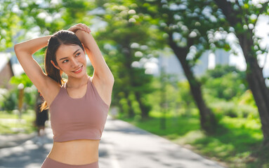 Beautiful asian female stretching arm for running exercise workout fitness woman wear sports outfit © dodotone