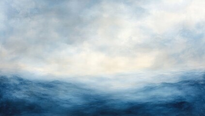 Misty, blue mountain landscape; ethereal, soft light