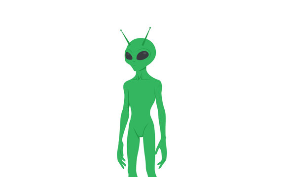 flat illustration of green alien standing on white background