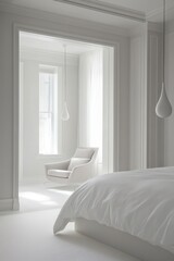 All White Bedroom Interior Design Featuring Modern Chair and Pendant Lights in Minimalist Style