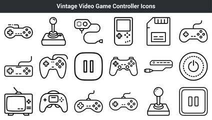 Vector illustration of outlined vintage video game controllers and related icons