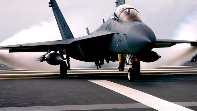 A fighter jet take off from aircraft carrier's runway.