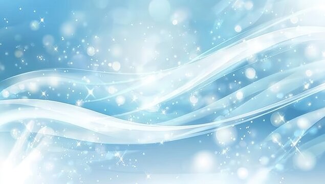 Serene light blue background with flowing white wave patterns and sparkling bokeh