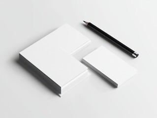 Business Cards Mockup with Pencil on White Desk Top View Clean Minimalist Style Office Stationery Presentation