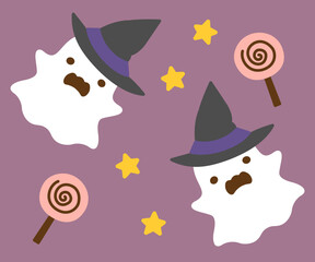 帽子をかぶったハロウィンのかわいいオバケとキャディ