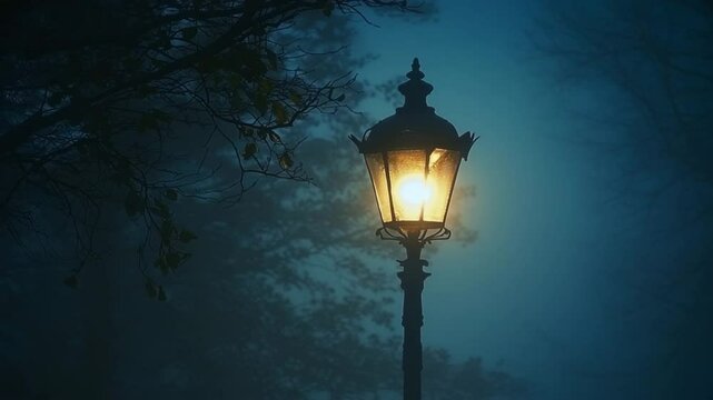 Old fashioned victorian style street lamp on a misty night