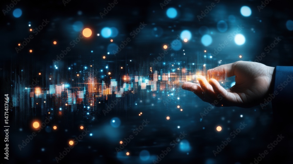 Aufkleber hand holding digital data visualization of future technology abstract style dark background