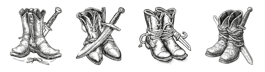 Vintage Western Boots with Swords Illustrations for Design Projects, vector illustration, engraving design, logo design set, black and white line