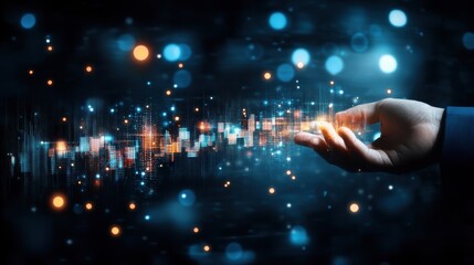 Fototapeta premium Hand Holding Digital Data Visualization of Future Technology Abstract Style Dark Background