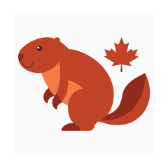 A cute beaver cartoon with canadian maple leaf on a white background for design