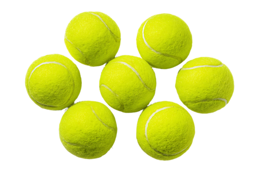 Seven Yellow Tennis Balls in Circular Arrangement on Transparent Background, PNG