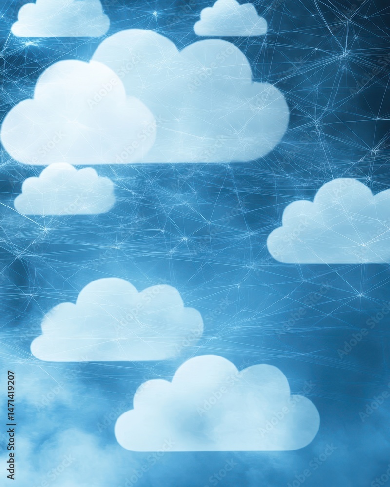 Poster cloud computing network illustration with connected lines and nodes on blue background abstract conc