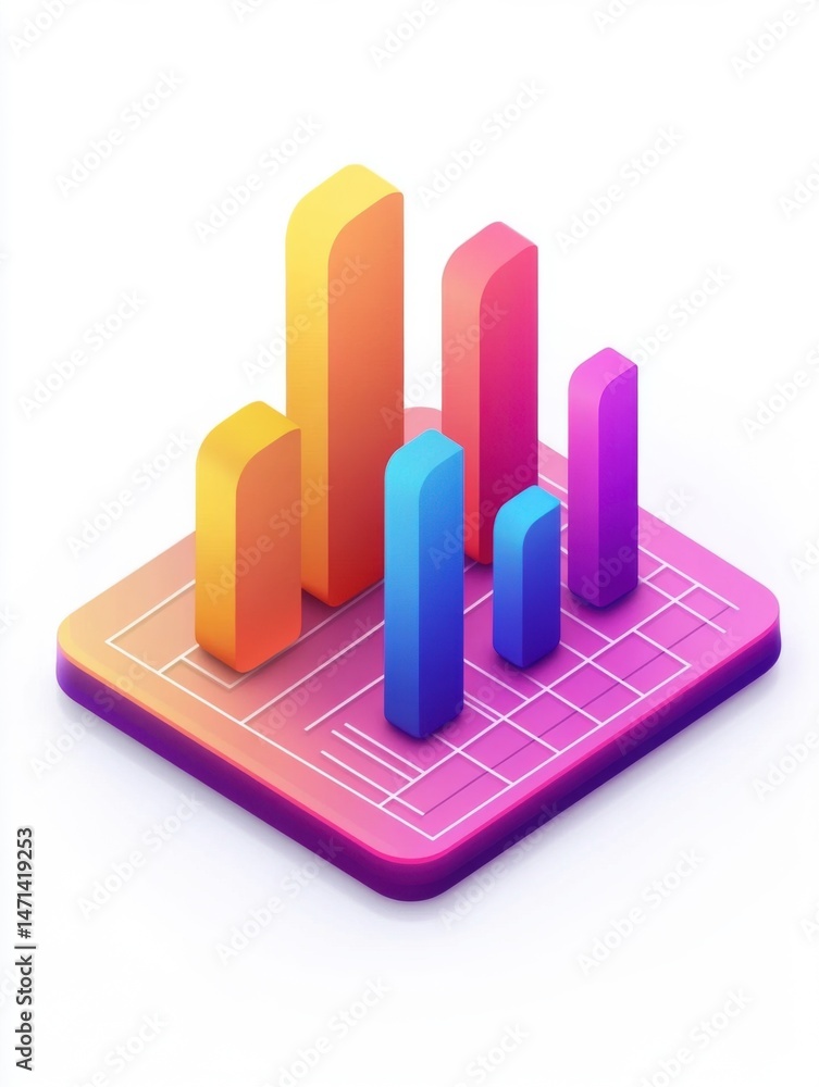 Poster isometric bar chart showing growth and decline in data analysis presentation on white background