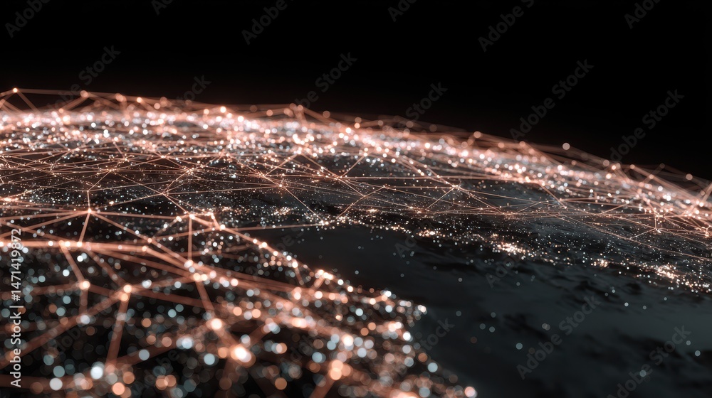 Poster global network visualization of data transmission on earth with nodes and connections in a futuristi