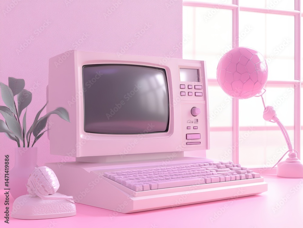 Poster pink retro computer setup still life in minimalist style with lamp and plant near window in studio