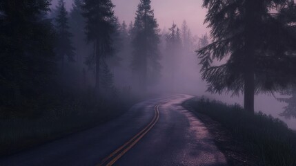 Obraz premium Misty Forest Road at Dusk: A Serene and Mysterious Drive