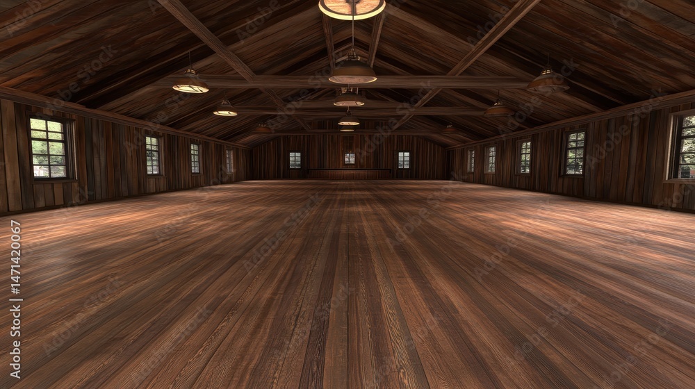 Poster empty rustic wooden hall interior perspective view with windows and hanging lights in a large barn s