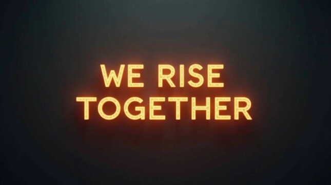 All-caps text “We Rise Together” in clean bold font, centered on a dark backdrop with soft amber glow