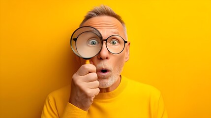 Curious older man examining with a magnifying glass