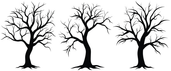 Black Branch Tree or Naked trees and root silhouettes set vector illustration