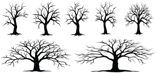 silhouette dead old leafless trees set isolated on white background. hallowed, scary, spooky, horror, death, winter vector