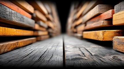 Close-up of stacked wooden planks creating a narrow pathway