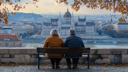 Fototapeta premium Budapest Panorama: A Couple's Serene Autumn View